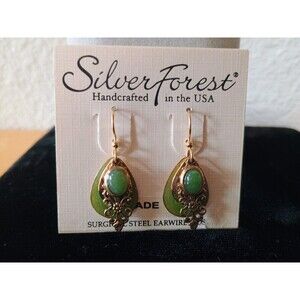 Silver Forest Jade Teardrop Shape Dangle Hook Earrings Gold Tone